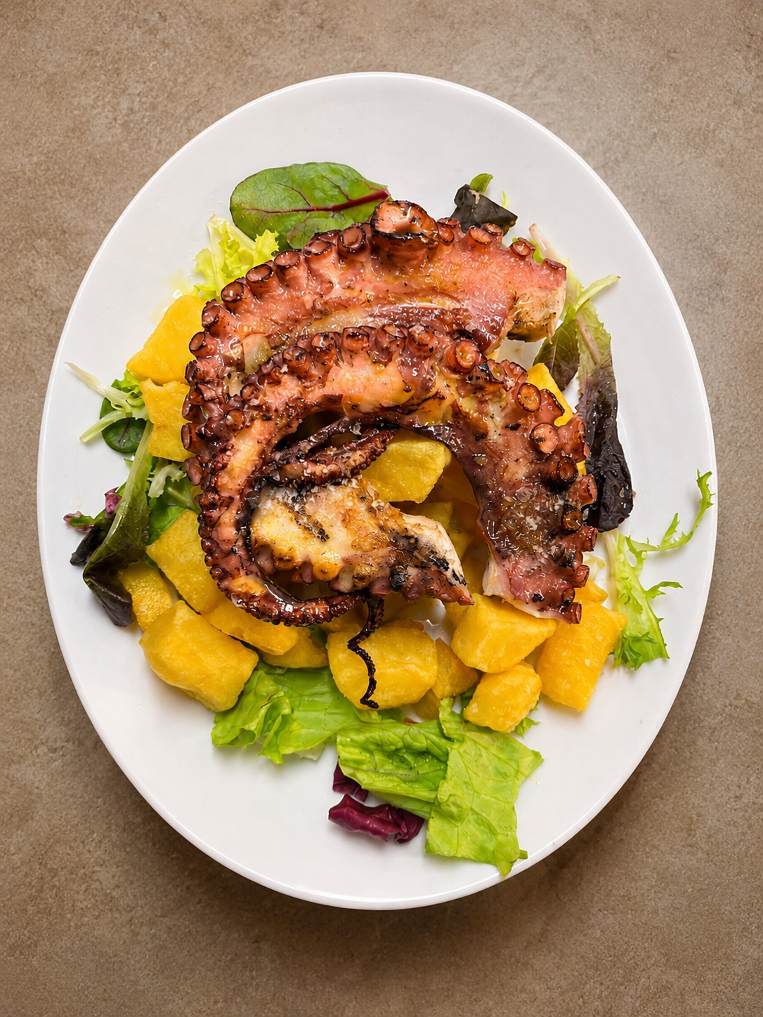Pulpo a la brasa con patatas y guarnición en Asador de Pinto Casa Álex